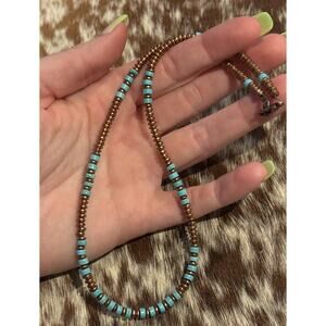 Native American Copper Saucer Navajo Pearl Blue Turquoise Necklace 18” 4mm